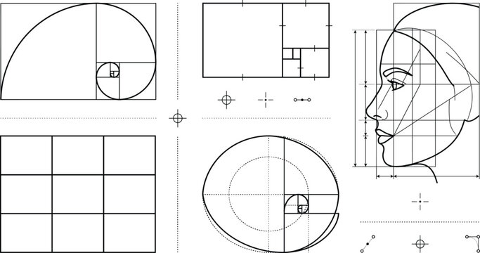 Golden Ratio Geometry Vector Set with Fibonacci Spiral and Human Face Proportion Icons