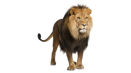 Majestic male lion with a thick dark mane standing isolated on transparent background © Mr. Sany