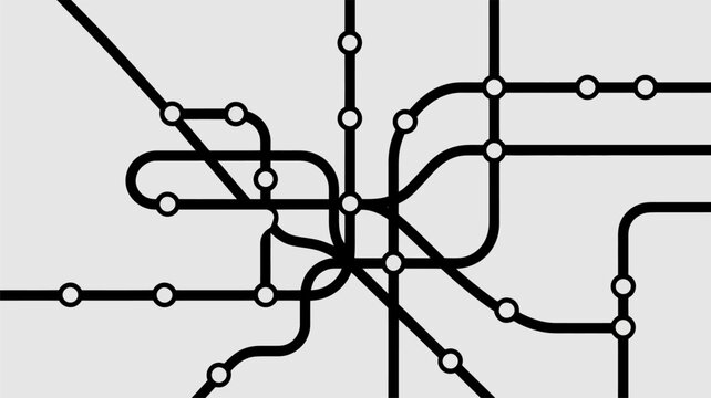 Stylized black and white subway map with intersecting lines and circular stations on a light gray background