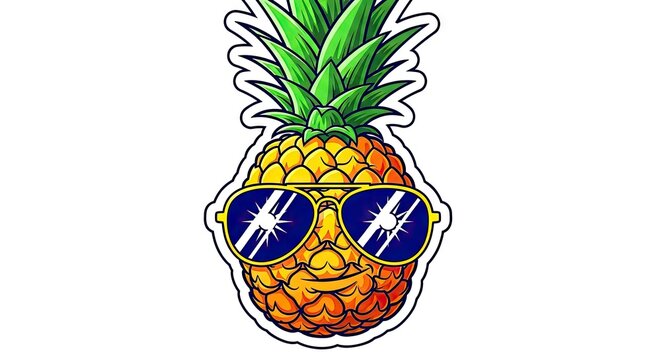 Cartoon pineapple character wearing blue sunglasses on white background.
