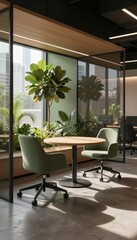 Fototapeta premium Modern office space with plants, chairs, and table, featuring a city view through window. Use: office design, interior magazine, corporate brochure.