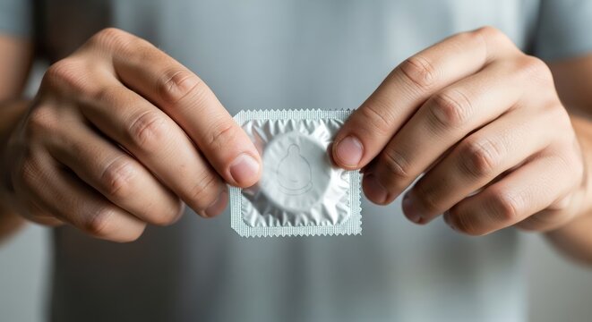Man holding condom package.