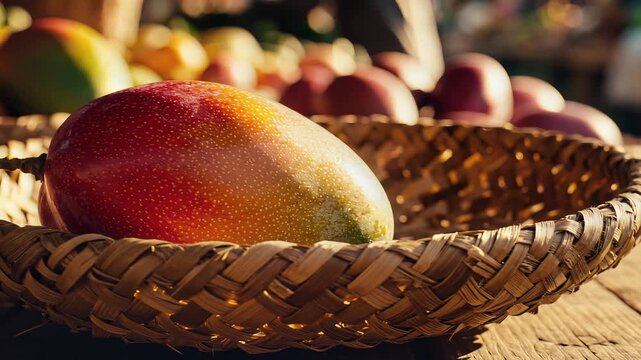 Ripe mango fruit in woven basket detailed macro view warm sunlight natural wood texture