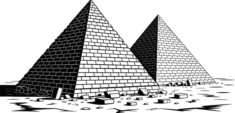 Two large Egyptian pyramids rendered in black and white with detailed brickwork and debris at their bases on a white
