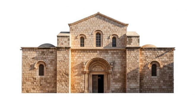 Ancient Romanesque Church Facade, Stone Architecture, Historic Building Isolated