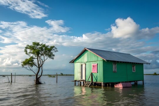 Green wooden house on stilts above water in a lake environment with architecture