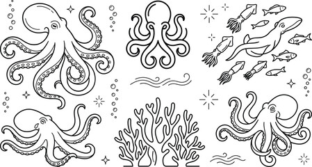 Octopus and Sea Life Line Art Vector Set with Underwater Coral Reef Elements © PJ DeSign