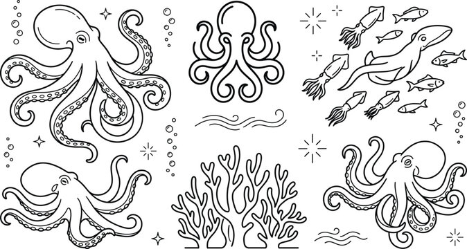 Octopus and Sea Life Line Art Vector Set with Underwater Coral Reef Elements