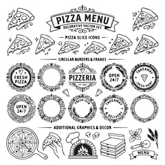 Fototapeta premium Decorative pizza menu vector graphics set with graphics pizzeria decorative