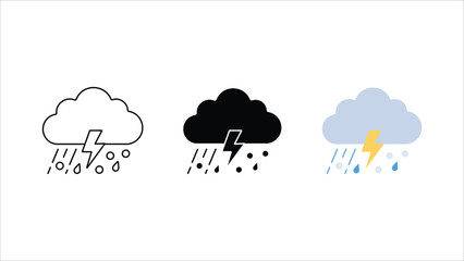 Obraz premium Thunderstorm cloud with rain and lightning icon set outline silhouette and color vector isolated on white background
