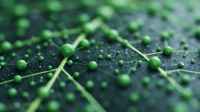 Close-up of a green network of interconnected nodes on a textured dark surface, resembling a molecular or technological structure.