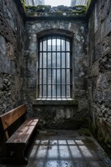 Fototapeta premium Stone corridor with barred window and wooden bench, wet floor reflecting light Use: historical site, prison exhibit, atmospheric illustration.