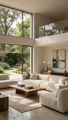 Fototapeta premium Modern living room with large windows overlooking a garden with colorful flowers. Use: interior design, real estate listing, home decor magazine.