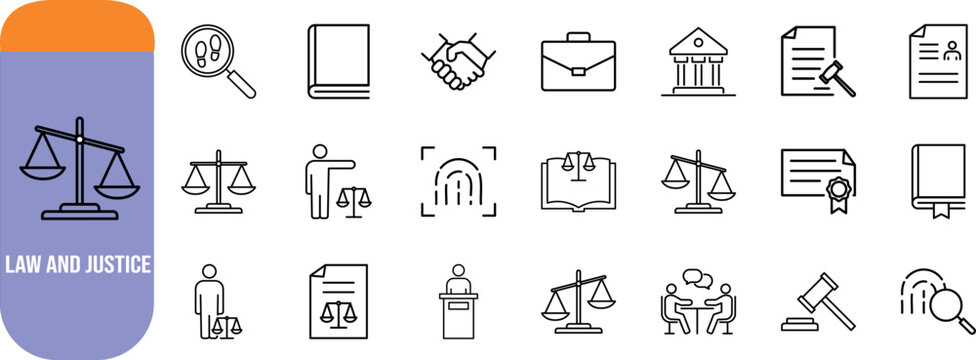 Law justice vector icons. scales icon set, handshake icon set, gavel icon set