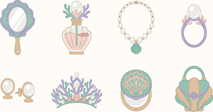 Elegant cute perfume bottle and pearl necklace vector illustration, feminine vanity graphic icon set