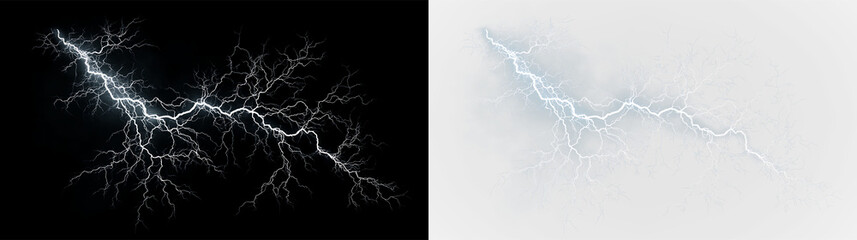 Blue and white lightning bolt striking through clouds isolated on transparent and black background in a stormy weather scene, light overlay, PNG © Liubov