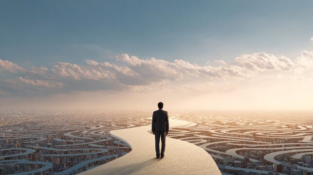 A lone figure stands on a winding path, contemplating their journey ahead