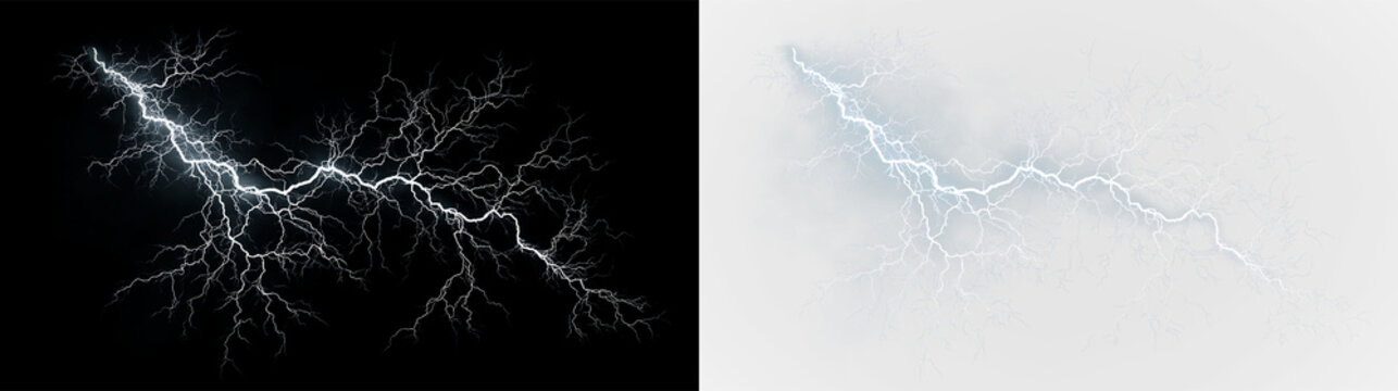 Blue and white lightning bolt striking through clouds isolated on transparent and black background in a stormy weather scene, light overlay, PNG