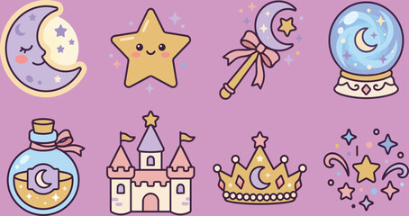 Estores personalizados con tu foto Whimsical magic wand and princess castle vector illustration, cute fairytale fantasy icon set