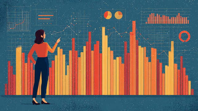 A professional woman analyzes data represented by colorful bar graphs and charts, showcasing the importance of analytics in decision-making and business strategy.