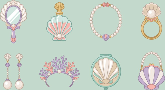 Elegant cute perfume bottle and pearl necklace vector illustration, feminine vanity graphic icon set