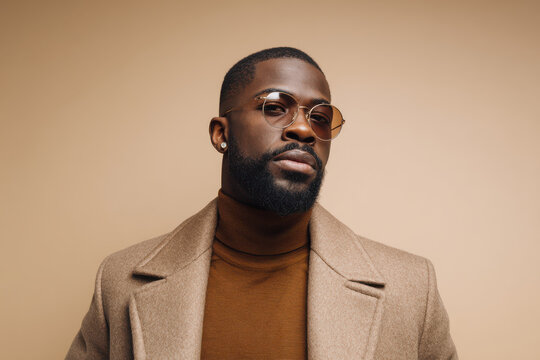 confident man wearing stylish glasses stands boldly with his open coat against clean light beige background