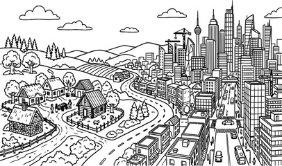 Fototapeta premium Hand drawn city and village landscape vector, urban skyline and rural countryside panorama, black and white coloring page of metropolitan development