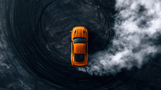 A bright orange car spins in circles on an asphalt track while producing thick clouds of tire smoke. The activity takes place during the day in an open area with large empty space