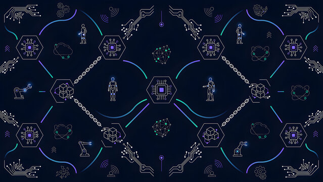 Abstract digital hexagon grid with binary digits and clock numerals on dark tech surface