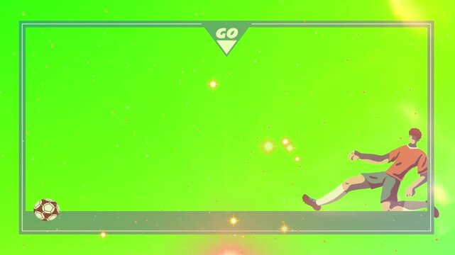 Footballer kicks a ball across a green screen field within a rectangular frame while glowing particles float around to emphasize dynamic sports animation for digital content and social media ads.