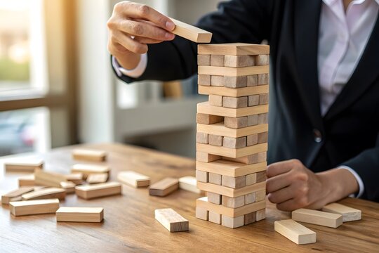 Professional business person playing wooden block tower game in office