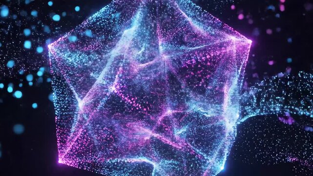 Futuristic glowing particle geometric shape, abstract blue and purple energy plexus sphere, digital data visualization for technology background