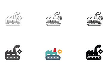 Fototapeta premium Collection of factory building icons with conveyor belt and gear symbols representing industry