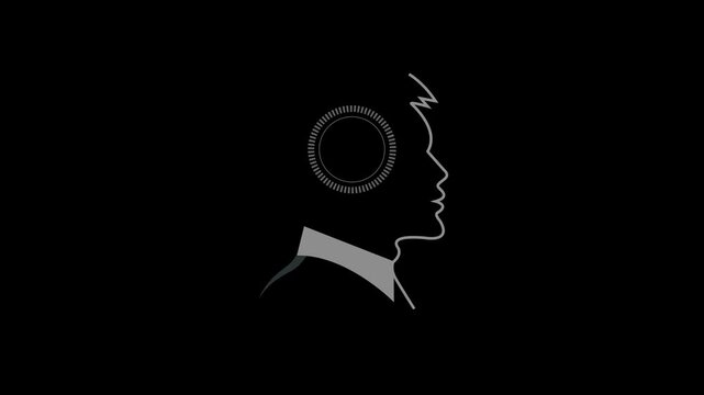 Cogs turning thinking concept with silhouette of man. man holding big  creativity idea illustration. abstract human brain and head icon animation video on black background. 4K video....!!