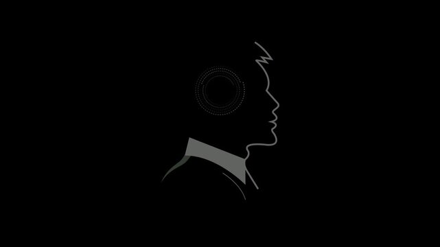 Cogs turning thinking concept with silhouette of man. man holding big  creativity idea illustration. abstract human brain and head icon animation video on black background. 4K video....!!