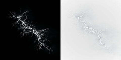 White bright lightning bolt striking through clouds isolated on transparent and black background during a stormy weather scene at night, light overlay, PNG © Liubov