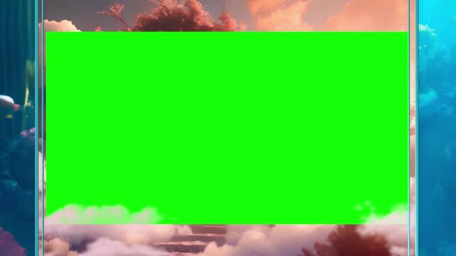Cloudscape forms a soft backdrop behind a large central green screen rectangle that is framed by thin metallic borders and set against a dreamy sky with wispy clouds for creative video editing.