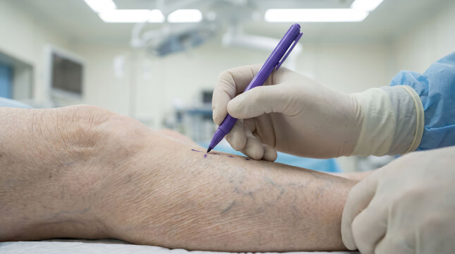 Vascular surgery leg vein marker glove clinic medical treatment doctor marking varicose vein on patient leg before procedure