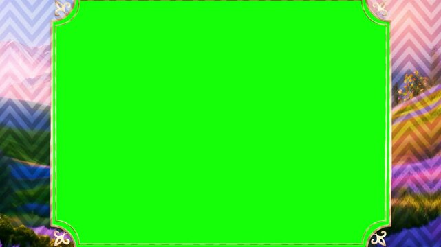 Frame features a vibrant green screen area surrounded by decorative chevron patterns and elegant floral corners that create a sophisticated border for digital media display on various social.