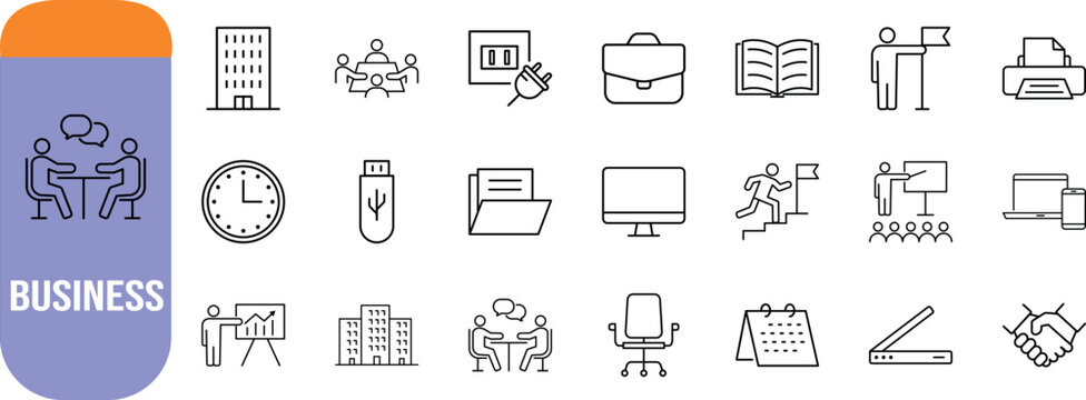 Corporate business office vector icons. briefcase icon set, building icon set, meeting icon set