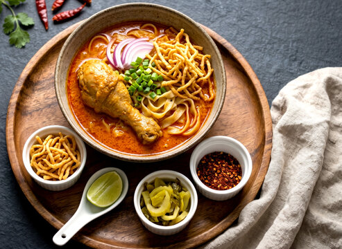 Traditional Thai khao soi spicy coconut curry noodle soup with chicken drumstick and condiments served on a rustic wooden tray.