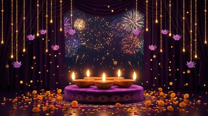 Obraz premium Banner design for diwali festival and podium,Diwali light decoration candle with fireworks,Stage,Product display Showcase design sparkle background,Deepavali,Dipavali,3D podium illustration.