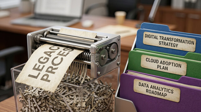 Legacy process paper being shredded next to folders labeled digital transformation strategy, cloud adoption plan, and data analytics roadmap, symbolizing business modernization and transition to