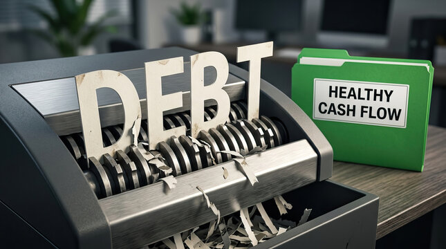 Debt word shredded in office paper shredder with green folder labeled healthy cash flow on desk, symbolizing financial freedom and debt elimination