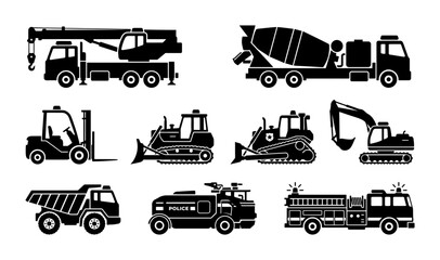 Construction Vehicles and Heavy Machinery Icons, Heavy Equipment Set, Industrial Transport Silhouettes © Ashikur