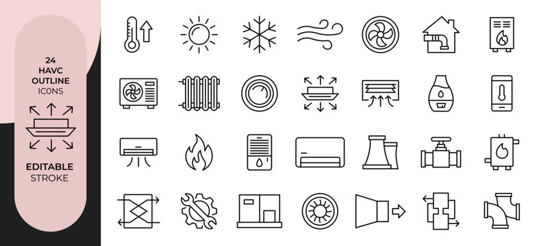 HVAC Line Icons Set Editable Stroke Outline Vector Collection