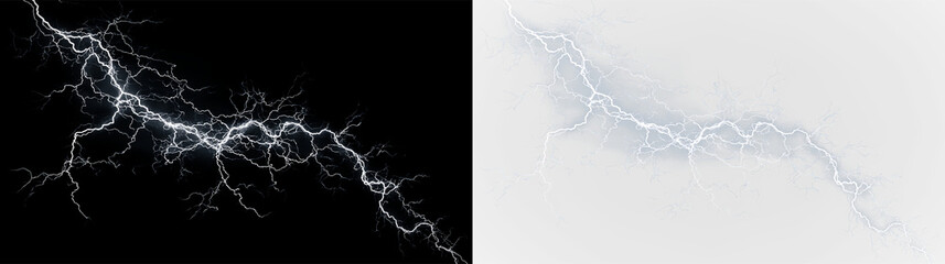 Blue and white bright lightning strikes against isolated on transparent and black background creating a striking visual effect during a storm, light overlay, PNG © Liubov