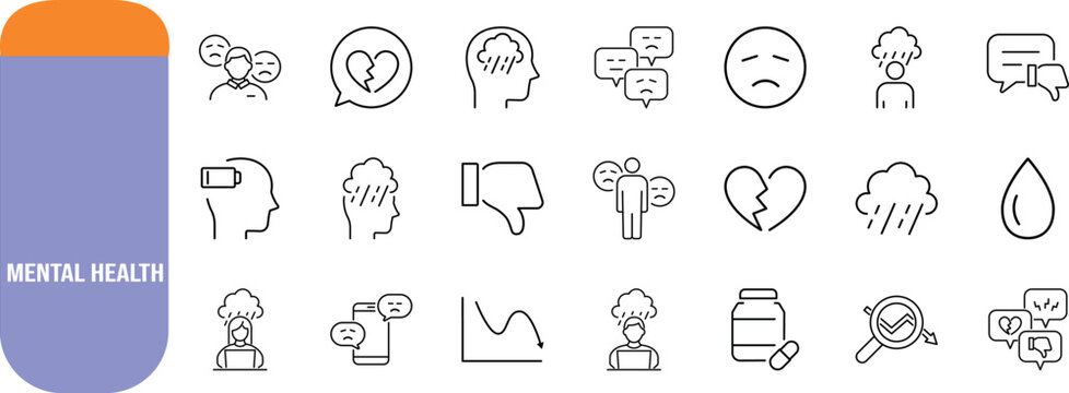 Mental health depression vector icons. broken heart icon set, sad face icon set, rain cloud icon set