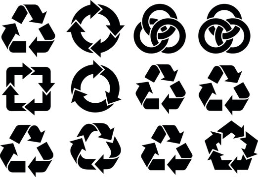 Bold Black Recycle Icon Set with Universal Arrow Loops and Geometric Mobius Strip Symbols for Industrial Packaging Labels and Environmental Graphic Designs