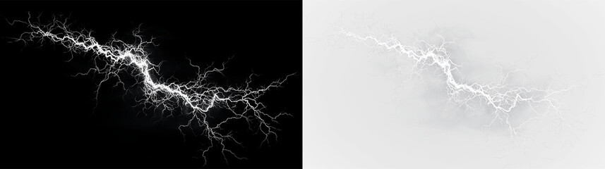 White lightning bolt with a striking appearance isolated on transparent and black background, showing energy and movement in a natural scene, light overlay, PNG © Liubov